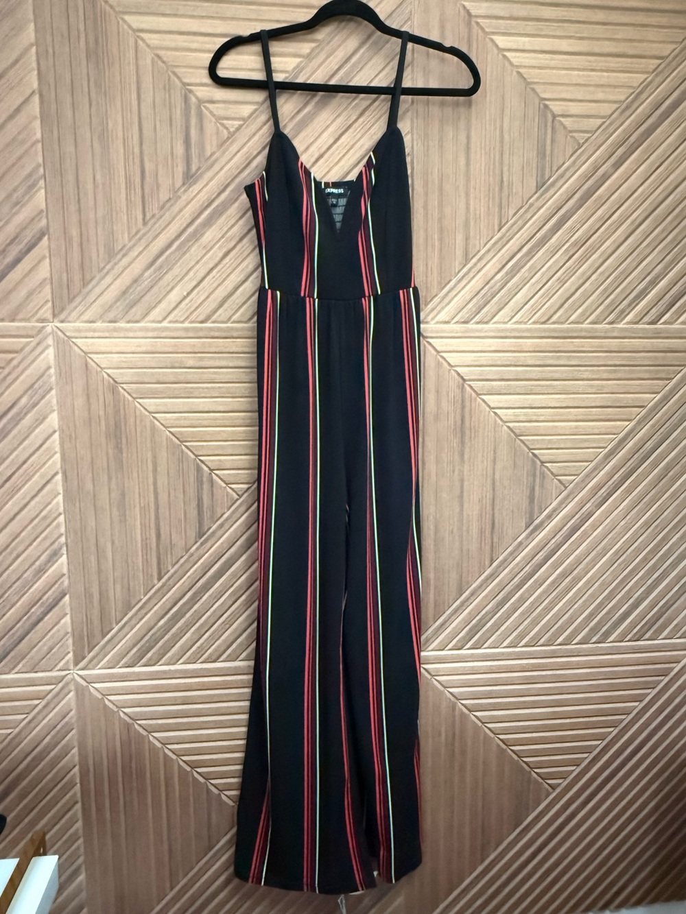 Express Black Maxi Jumpsuit with Red and Green Stripes
